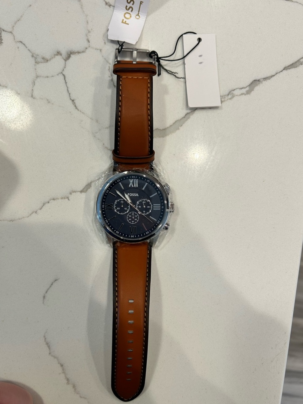 Men’s Brown Genuine Leather Fossil Watch with Navy and Stainless Steel Face